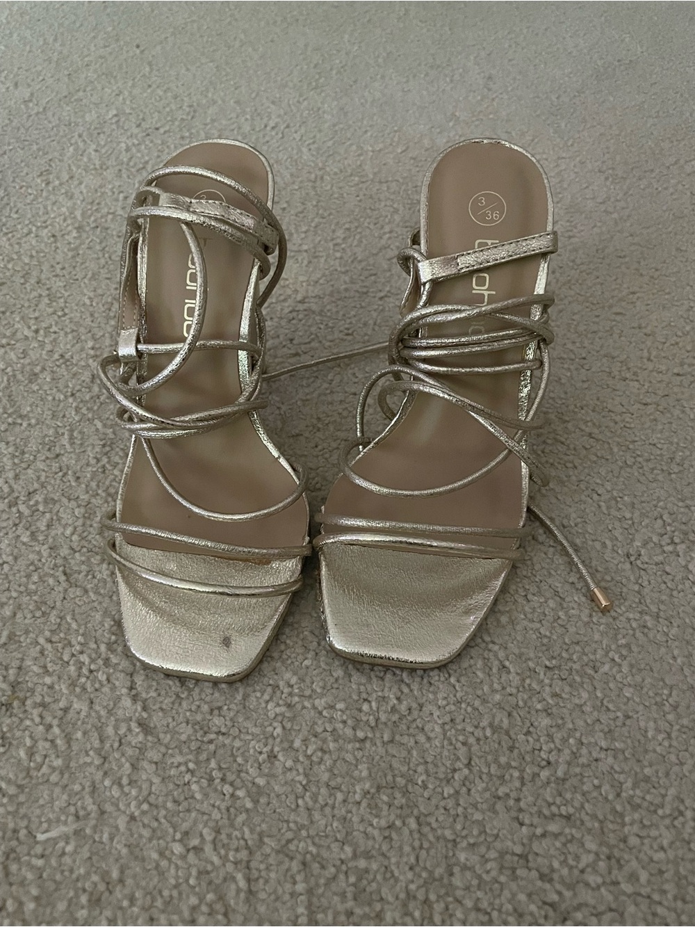 Boohoo Metallic Gold Strappy Lace-Up Heeled Sandals